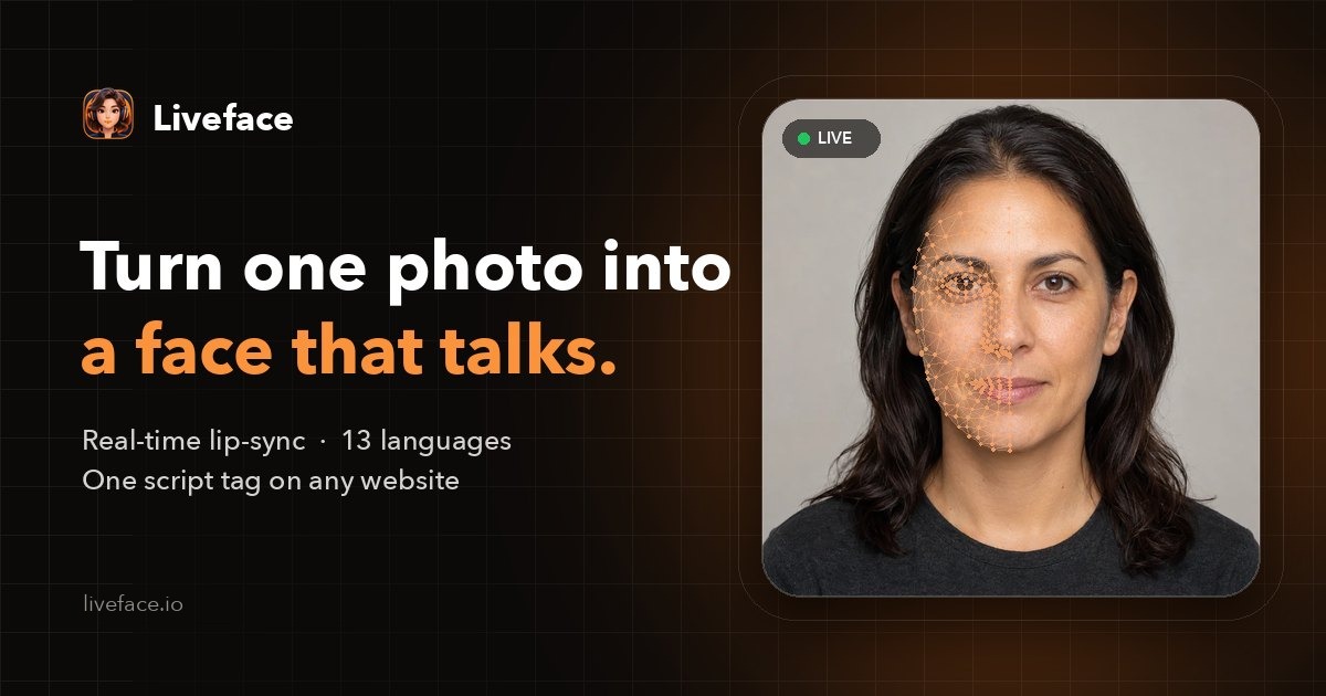 A portrait with the face mesh traced over it: one photo becomes a face that talks